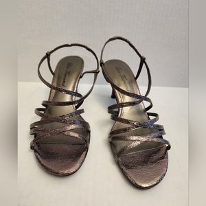 GENTLY USED GLADIA GUNMETAL STRAPPY SANDALS WITH KITTEN HEEL, SIZE 7.5